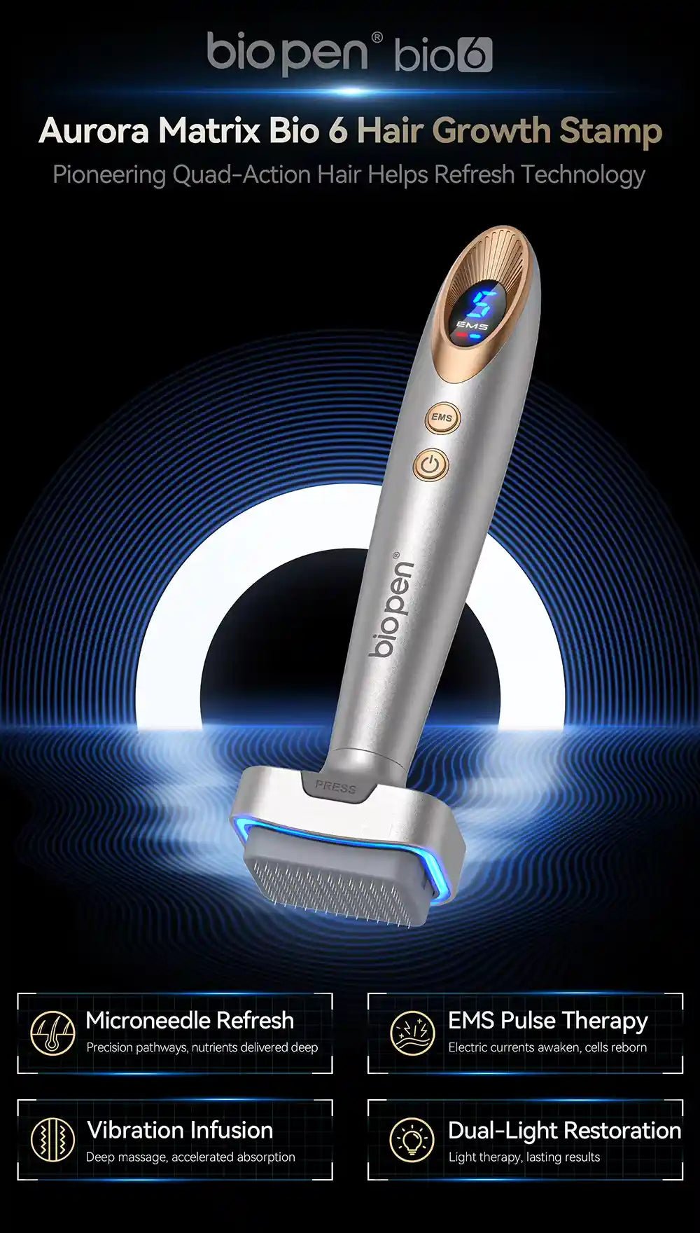 Electric Microneedling Derma Stamp Pen: 6 LED Light Therapy, EMS Microcurrent &amp; Vibration | 4 - in - 1 Skin Rejuvenation &amp; Hair Growth Device - DorfaX