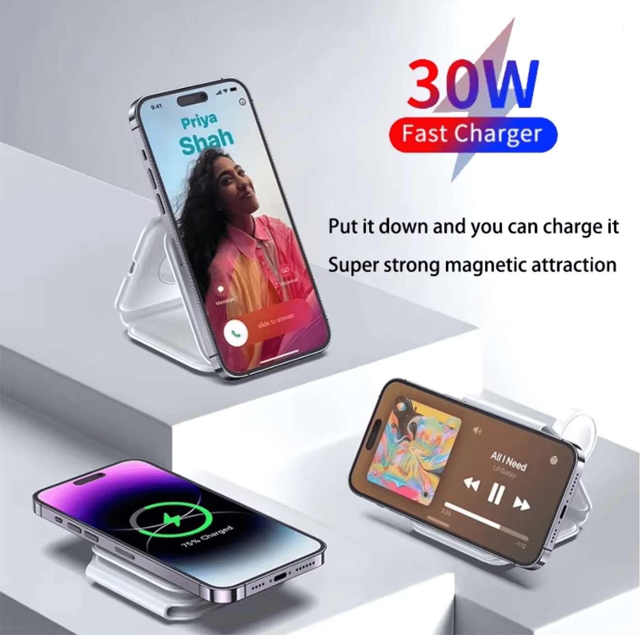 Universal 50W Portable Magnetic Fast Wireless Charger | 3 - in - 1 Foldable Travel Dock for Apple & Samsung - DorfaX